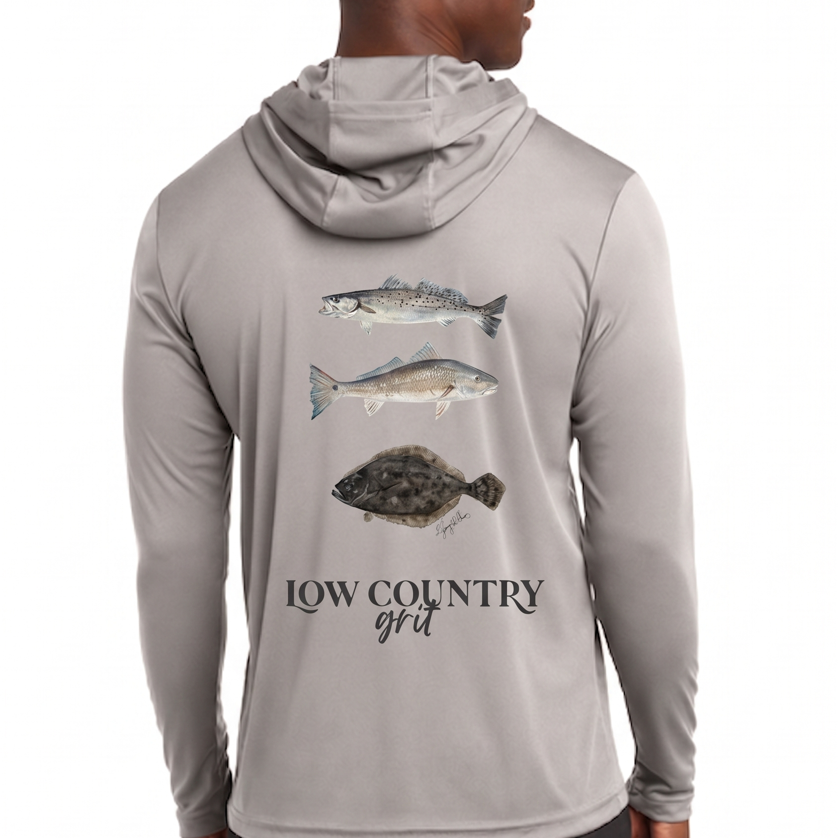 Man wearing a gray hoodie with fish graphics and 'Low Country Girl' text on the back.