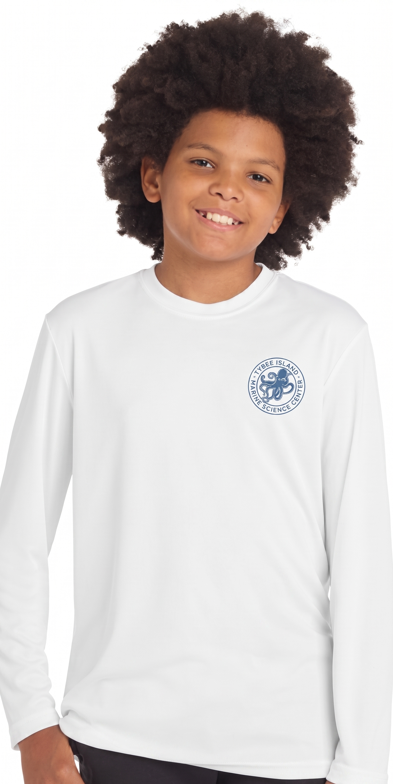Child, Youth,. Kid in a white long-sleeve shirt with TIMSC and featured artist, Macey rewis
